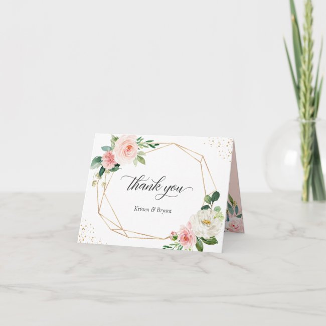 Trending Geometric Gold Frame Blush Pink Floral Thank You Card