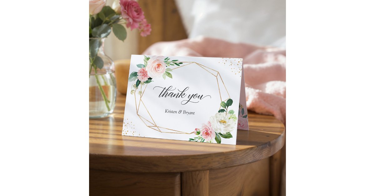 Trending Geometric Gold Frame Blush Pink Floral Thank You Card | Zazzle
