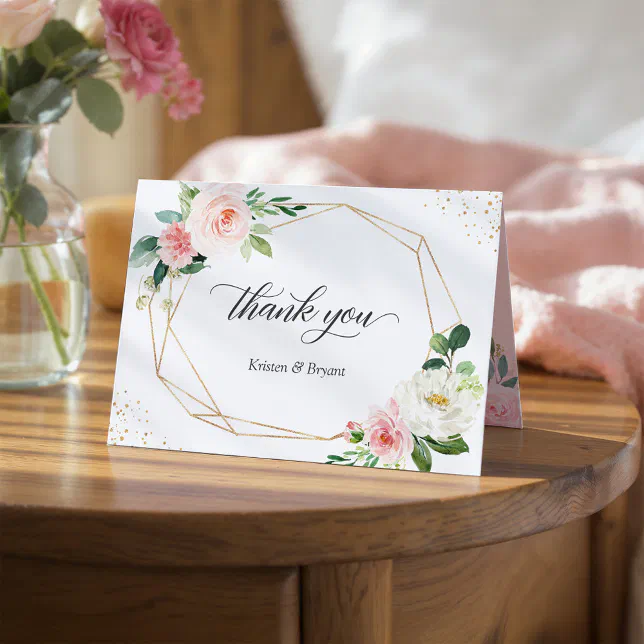 Trending Geometric Gold Frame Blush Pink Floral Thank You Card | Zazzle