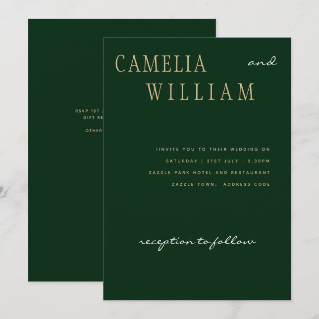 Trending Modern Wedding Emerald Green Gold Invitation (Front/Back)