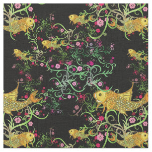 Trending Oriental style Koi and Flowers Pattern Fabric