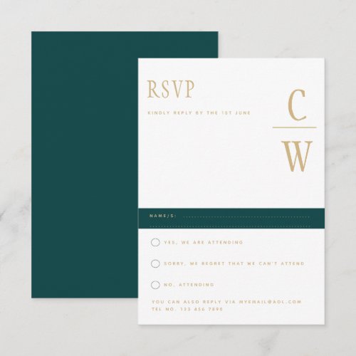 Trending Peacock TEAL Green Gold Wedding RSVP Card