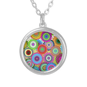 Trending Psychadelic Flower Power Print Accessory Silver Plated Necklace