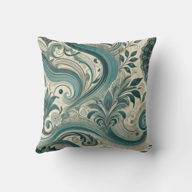 Trending Teal Intricate Floral & Swirling Pattern2 Throw Pillow (Back)