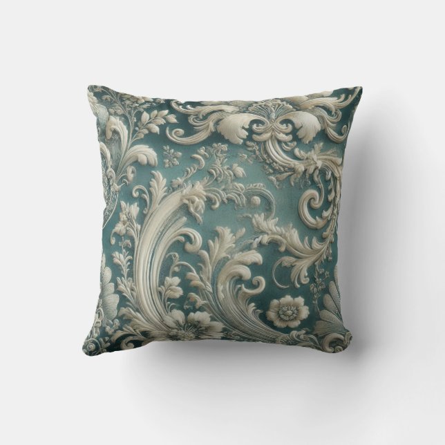 Trending Teal Intricate Floral & Swirling Pattern Throw Pillow (Back)