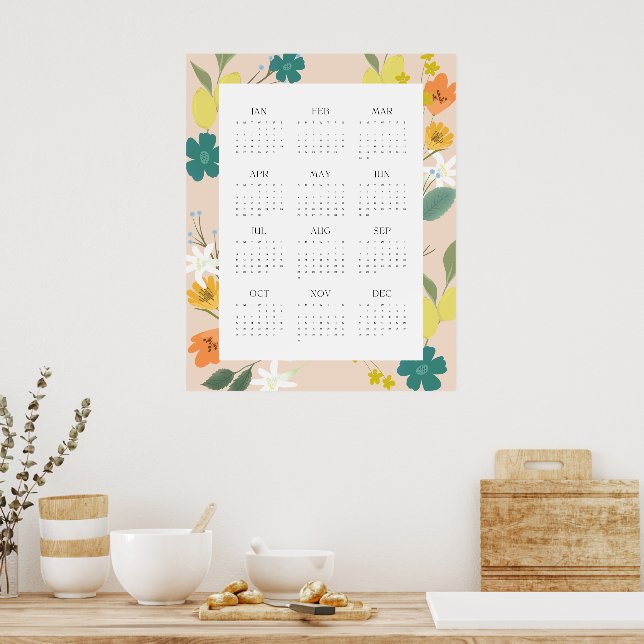 Trendy 2025 Peachy Wildflower 12 Month Calendar Poster (Kitchen)