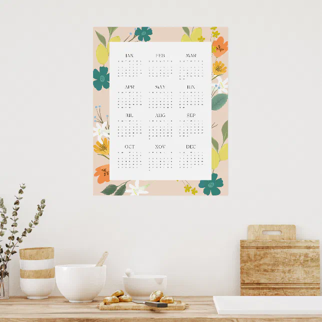 Trendy 2025 Peachy Wildflower 12 Month Calendar Poster | Zazzle