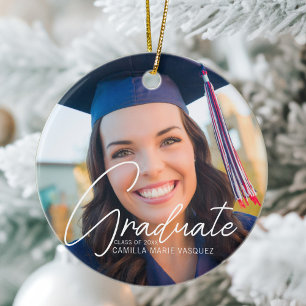 Trendy 2026 Graduation 2 Photo Custom Christmas Ceramic Ornament