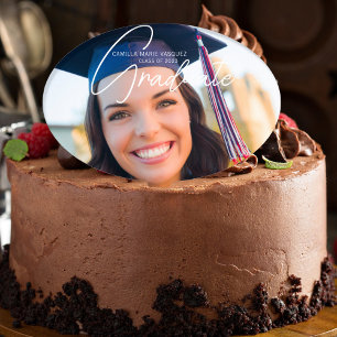 Trendy 2026 Graduation Photo White Script Party Cake Topper