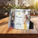 Trendy 2 Photo Graduation, Name & Quote Keepsake Plaque<br><div class="desc">Create a trendy 2 photo collage of your favorite pictures of the graduate to commemorate their achievement on this photo display plaque. Featuring a faux gold mortarboard (graduation cap), name, class year, place of study and inspirational quote. All text can easily be customized using the template provided. This is a...</div>