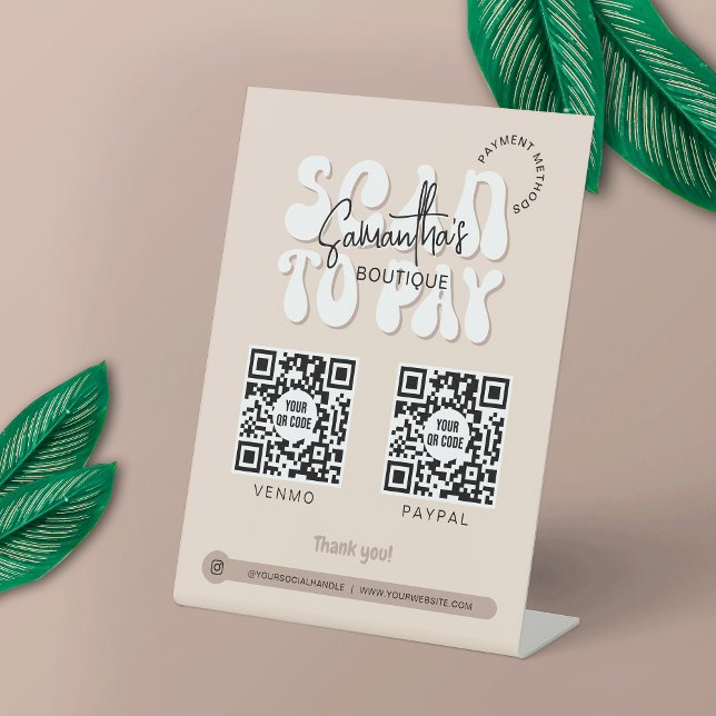 Trendy 2 QR Codes Scan to Pay Retro Beige Shop Pedestal Sign (Stand out with this trendy beige Scan to Pay sign design with 2 QR codes, featuring retro fonts)