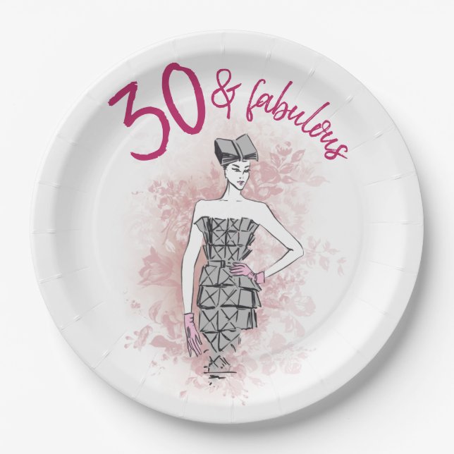 Trendy 30th Birthday Illustration Paper Plates (Front)