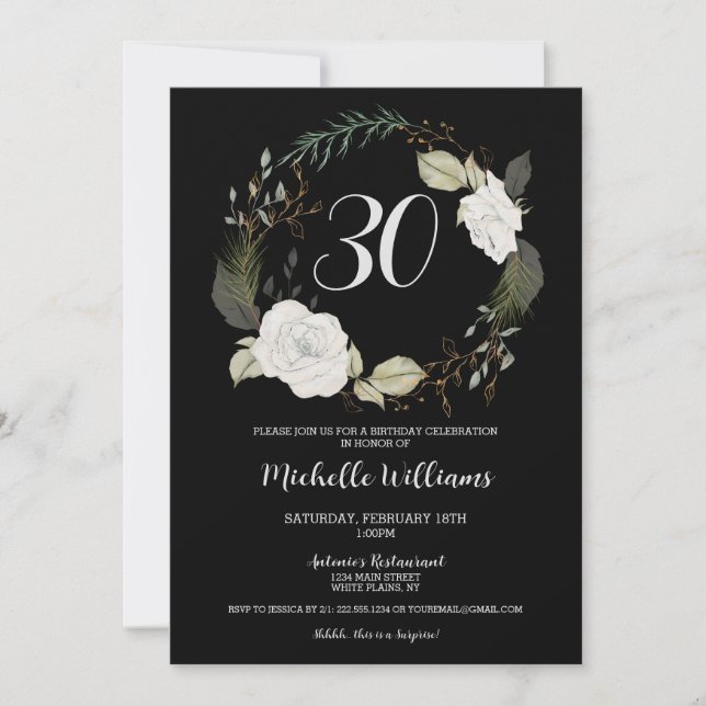 Trendy 30th Birthday Party Floral Wreath Gold Invitation (Front)