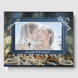 Trendy 3-D Blue Denim Print with Costume Jewellery Guest Book