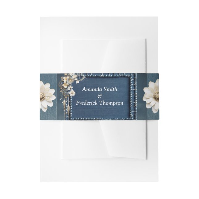 Trendy 3-D Blue Denim Print with Costume Jewellery Invitation Belly Band (Front Example)