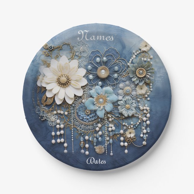 Trendy 3-D Blue Denim Print with Costume Jewellery Paper Plates (Front)
