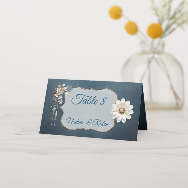 Trendy 3-D Blue Denim Print with Costume Jewellery Place Card (Front)