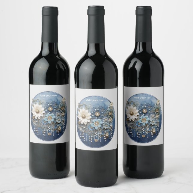 Trendy 3-D Blue Denim Print with Costume Jewellery Wine Label (Bottles)