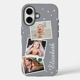Trendy 3-image Gray w/ Hearts iPhone 16 Case