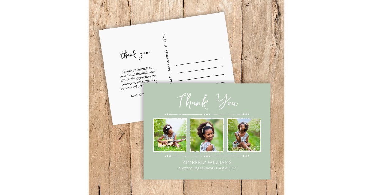 Trendy 3 Photo Collage Graduation Thank You Postcard | Zazzle