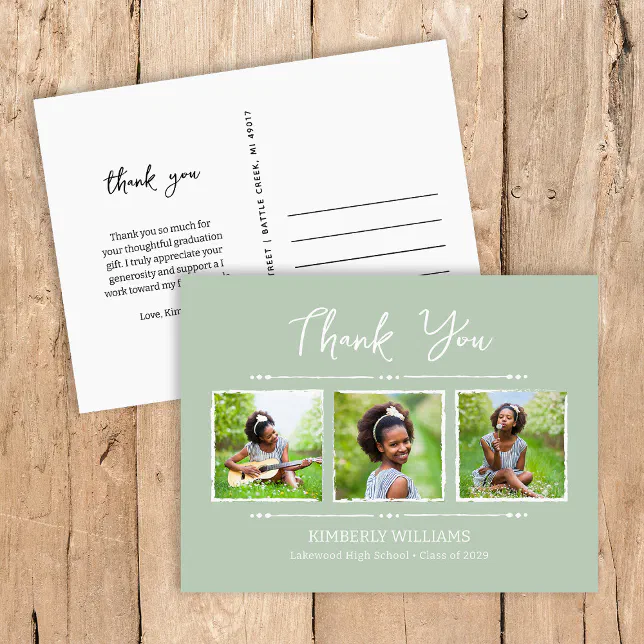 Trendy 3 Photo Collage Graduation Thank You Postcard | Zazzle