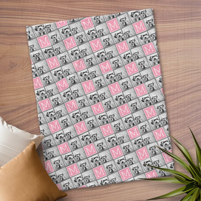 Trendy 3 Photo Collage Gray Pink Monogram Fleece Blanket (Personalized Fleece Blanket)