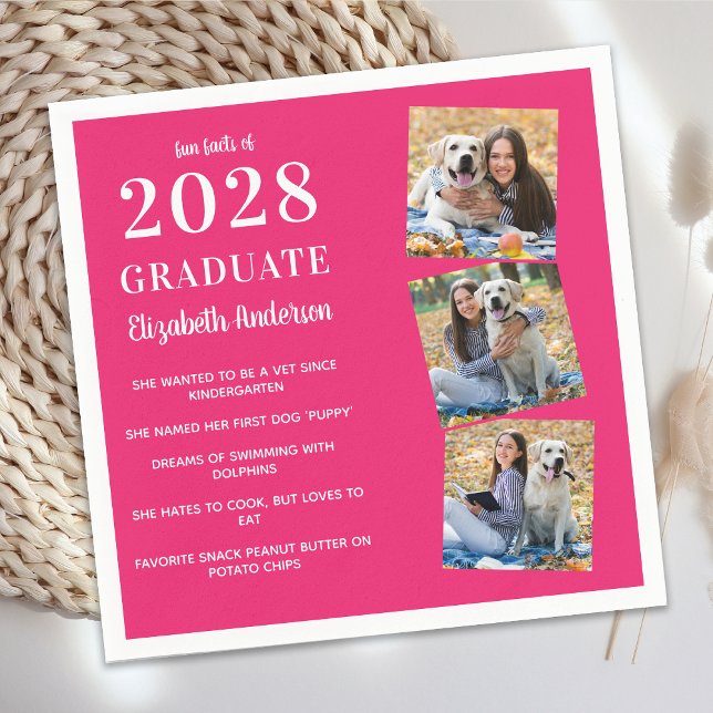 Trendy 3 Photo Graduate Fun Facts Graduation Pink Napkins (Creator Uploaded)
