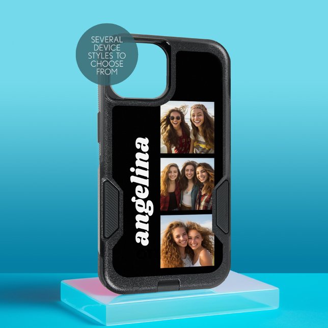 Trendy 3 Photos and Name - Can Change Black iPhone 15 Case (Personalized Phone Case with Photos and Custom Text)