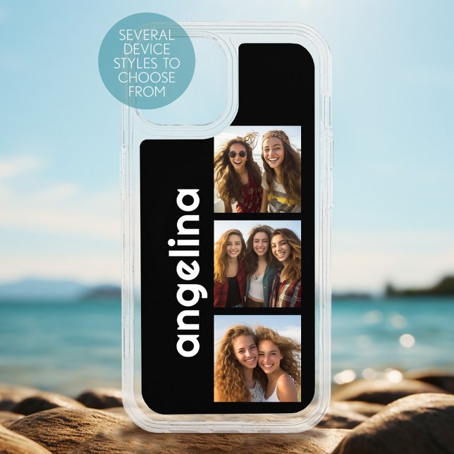 Trendy 3 Photos and Name with solid black iPhone 15 Plus Case (Personalized Phone Case with Custom Photos and Text)