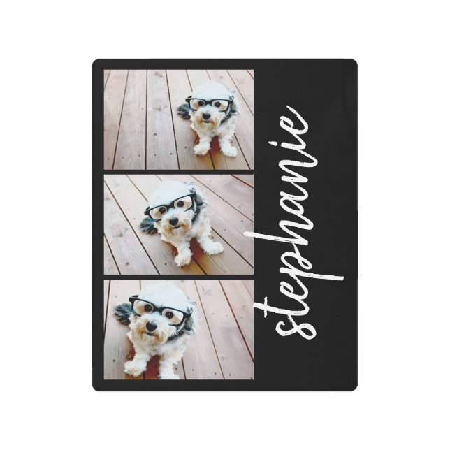Trendy 3 Photos black and white modern script name Metal Print (Front)