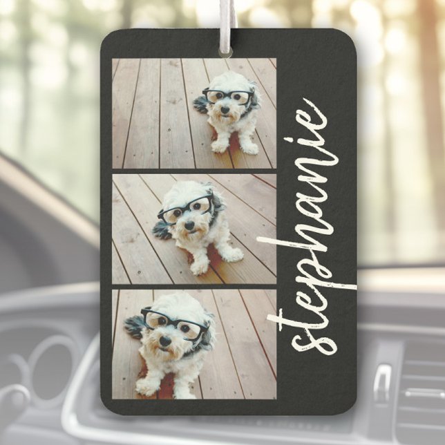 Trendy 3 Photos black & white modern script name Air Freshener (Custom Air Freshener with Photo Collage)