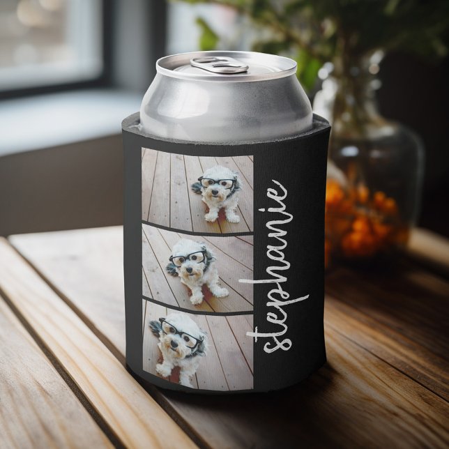 Trendy 3 Photos black & white modern script name Can Cooler (Personalized can cooler with an area to add photos and custom text)