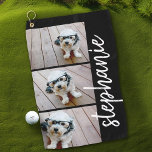 Trendy 3 Photos black - white modern script name Golf Towel<br><div class="desc">A golf towel with a custom photo collage is a unique and personalized accessory that combines practicality with sentimental value on the course. It effectively cleans clubs, balls, and hands while featuring a vibrant, high-quality print of cherished memories—family moments, scenic golf courses, or favorite tournament snapshots. The custom collage adds...</div>
