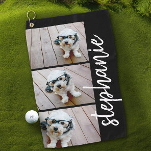 Trendy 3 Photos black - white modern script name Golf Towel