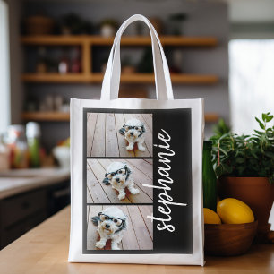 Trendy 3 Photos black white modern script name Grocery Bag