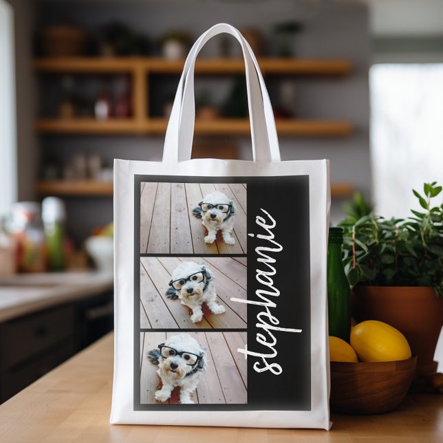 Trendy 3 Photos black white modern script name Grocery Bag (Personalized grocery tote with photo collage and custom text)