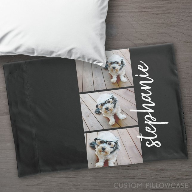 Trendy 3 Photos black white modern script name Pillow Case (Custom Pillowcase)
