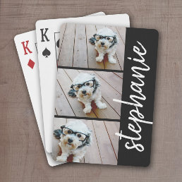 Trendy 3 Photos black &amp; white modern script name Poker Cards