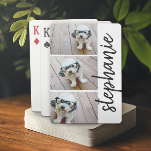 Trendy 3 Photos black & white modern script name Poker Cards