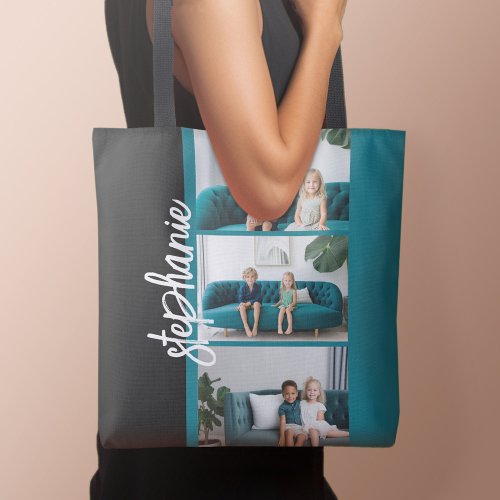 Trendy 3 Photos black  white modern script name Tote Bag