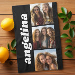 Trendy 3 Photos with Chunky Name - Black Kitchen Towel<br><div class="desc">Use 3 square photos to create a unique and personal gift. A simple black background with three photos and name. If you need to adjust the pictures,  click on the customize tool to make changes.</div>