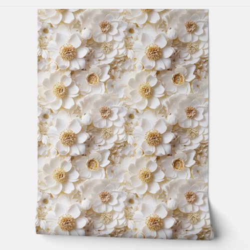 Trendy 3d white and gold flowers spring floral wallpaper 