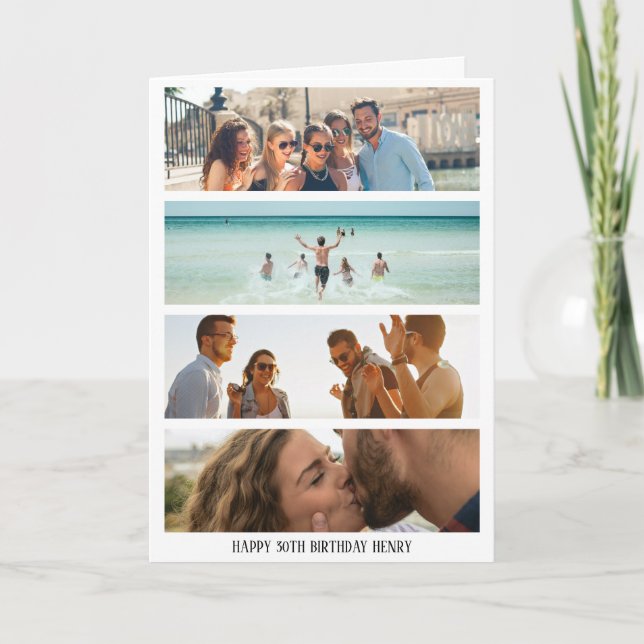 Trendy 4 Photo | Any Age & Name Birthday Card (Front)