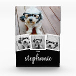 Trendy 4 Photo Collage Script Name White Black Acrylic Award<br><div class="desc">Use four square photos to create a unique and personal gift. Or you can keep the hipster puppy and make a trendy keepsake. If you need to adjust the pictures,  click on the customize tool to make changes.</div>