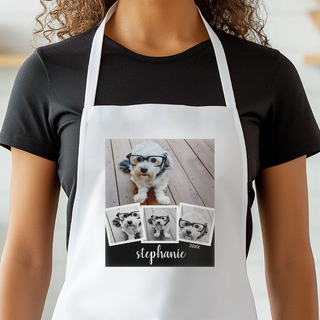 Trendy 4 Photo Collage Script Name White Black Adult Apron (Personalized Kitchen Apron)