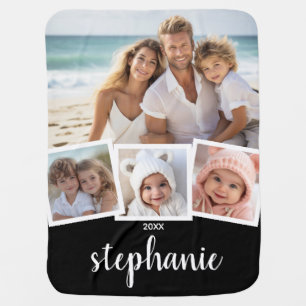 Trendy 4 Photo Collage Script Name White Black Baby Blanket