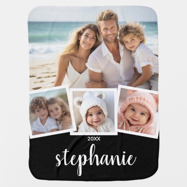 Trendy 4 Photo Collage Script Name White Black Baby Blanket (Front)