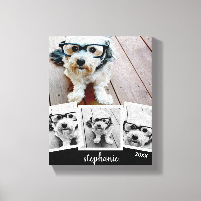 Trendy 4 Photo Collage Script Name White Black Canvas Print (Front)