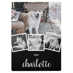 Trendy 4 Photo Collage Script Name White Black Clipboard