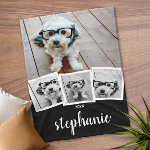 Trendy 4 Photo Collage Script Name White Black Fleece Blanket